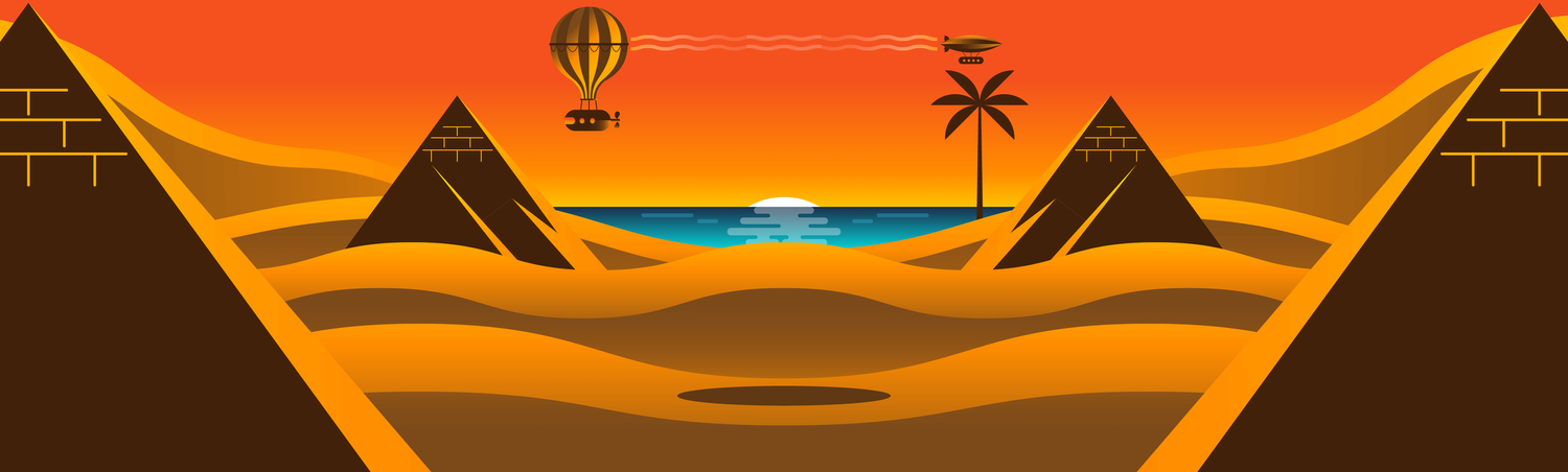 Pyramids and a hot air balloon over a desert at sunset