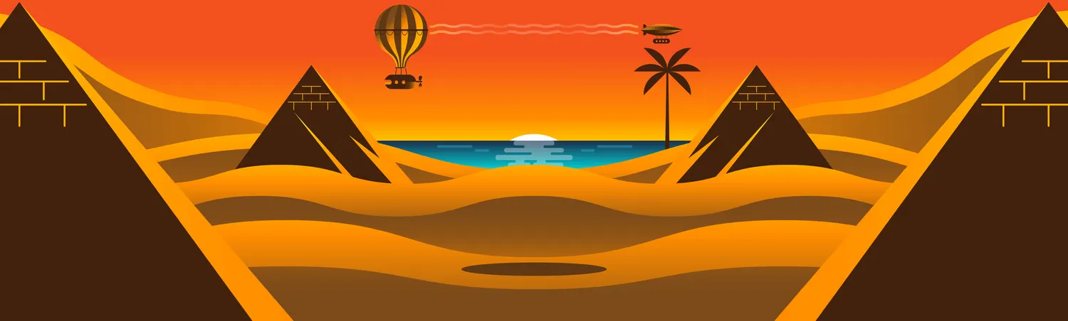 Pyramids and a hot air balloon over a desert at sunset